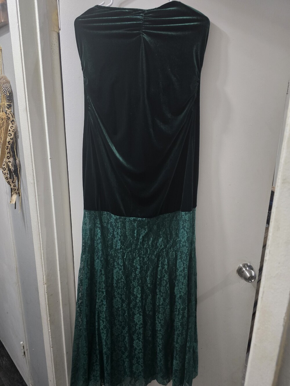 SHEIN Dark Green Strapless Velvet Bodice with Lace Skirt Maxi Dress